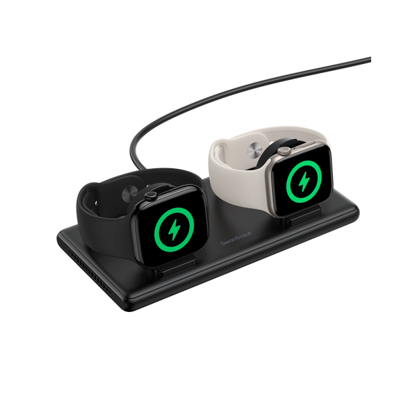 SwanScout 507DA dual wireless charger powering two Apple Watches simultaneously, including Apple Watch Ultra 2 and Series 10.