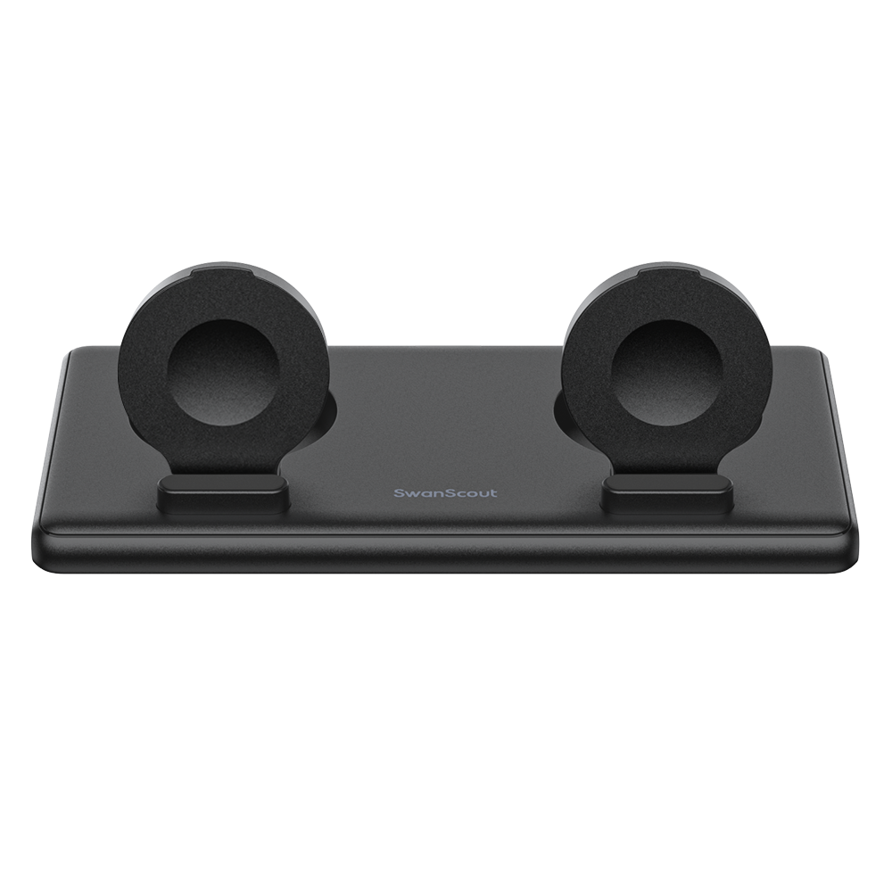 Front view of the opened SwanScout 507DA dock, designed for couples or families to charge two Apple Watches overnight on a single stand.