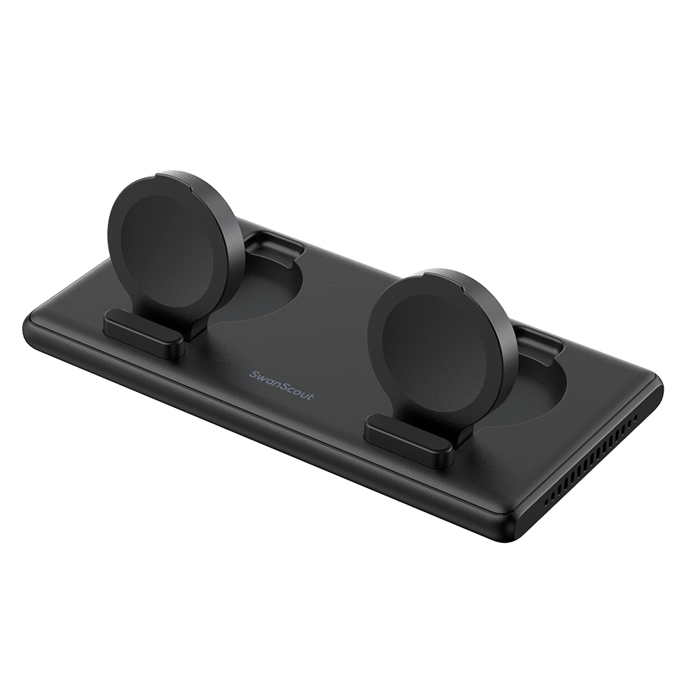 Front-right view of the opened SwanScout 507DS featuring a built-in spring pad that auto-adjusts for Galaxy Watch 8 Classic, Ultra, and FE models.