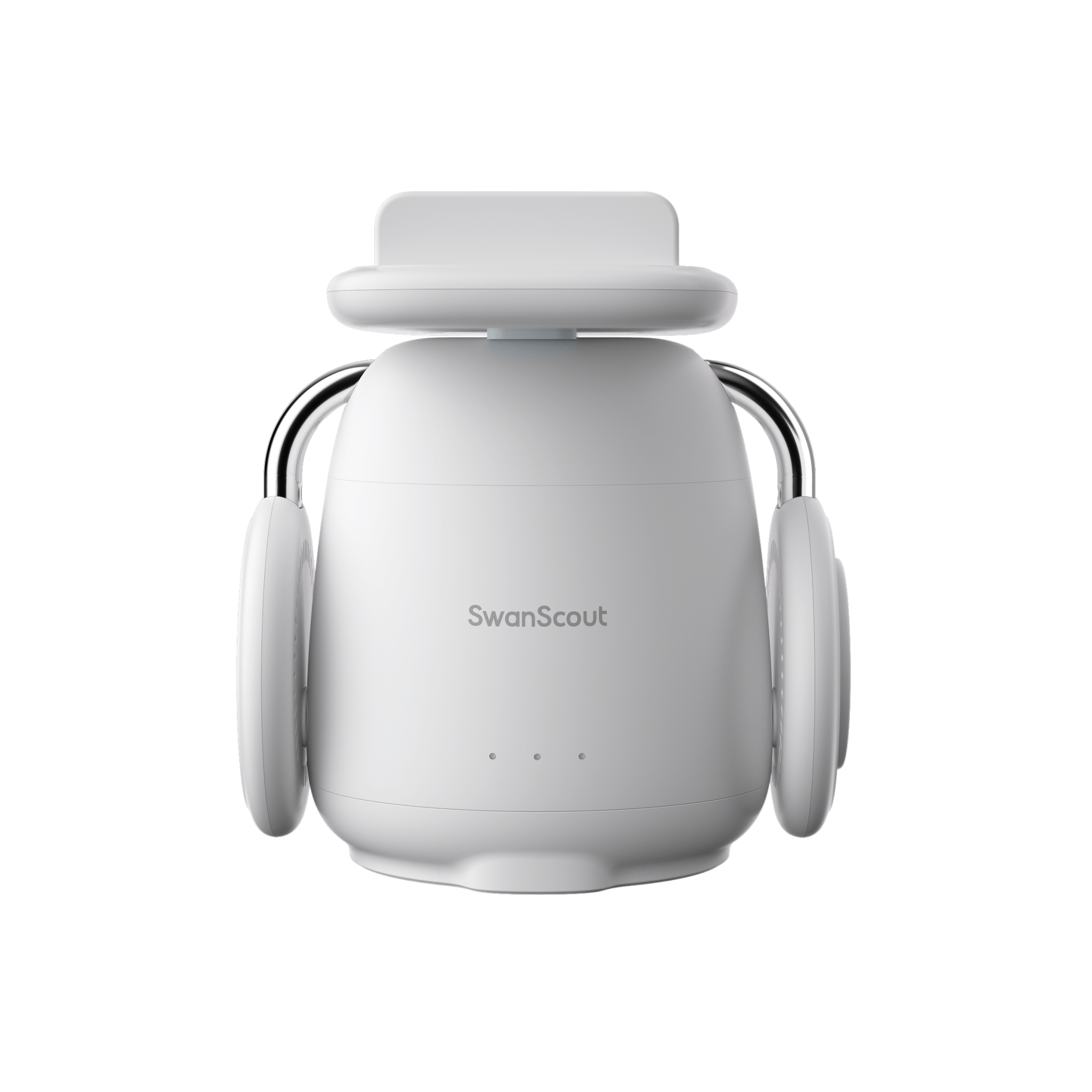 White SwanScout 707S showing the adjustable charging arm at a horizontal angle, compatible with both horizontal and vertical charging positions.