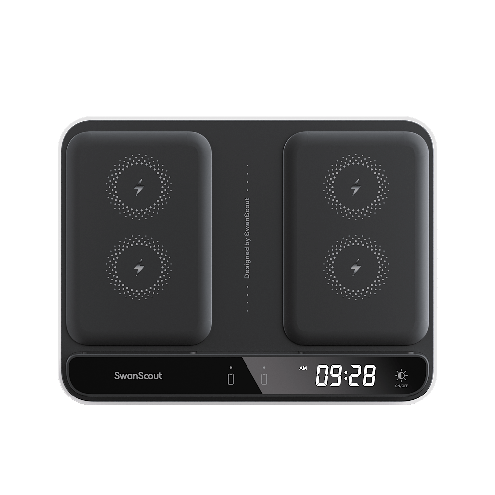 Front view of SwanScout 710G2 highlighting the built-in raised points for precise coil alignment and dual-phone wireless charging pads.