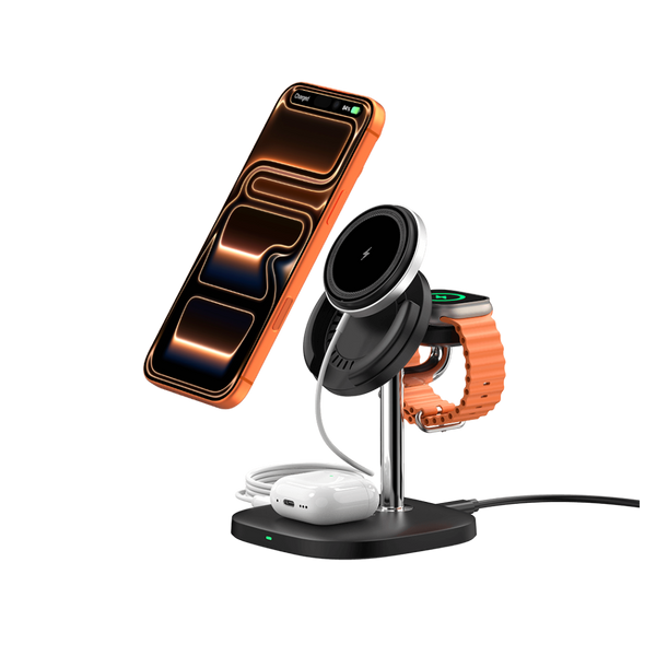SwanScout 711M 3-in-1 charging station with a detachable magnetic pad, powering iPhone 17, Apple Watch 10, and AirPods Pro simultaneously.