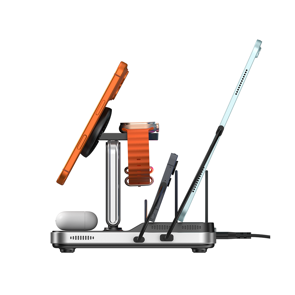 The SwanScout 901M organized on a study desk, featuring 5W fast charging for Apple Watch and a dedicated dock for tablets or Nintendo Switch.