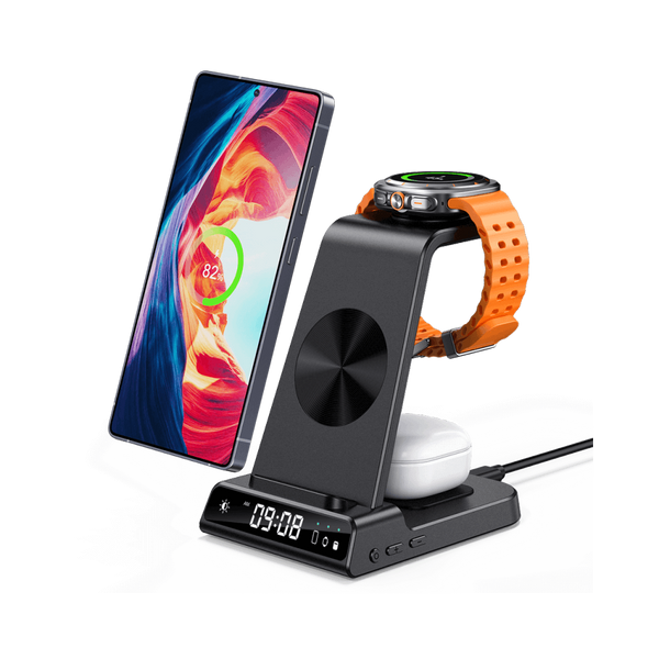 SwanScout C01 3-in-1 charging station powering a Samsung Galaxy S25 Ultra, Galaxy Watch 8, and Buds 2 Pro with an integrated digital clock.