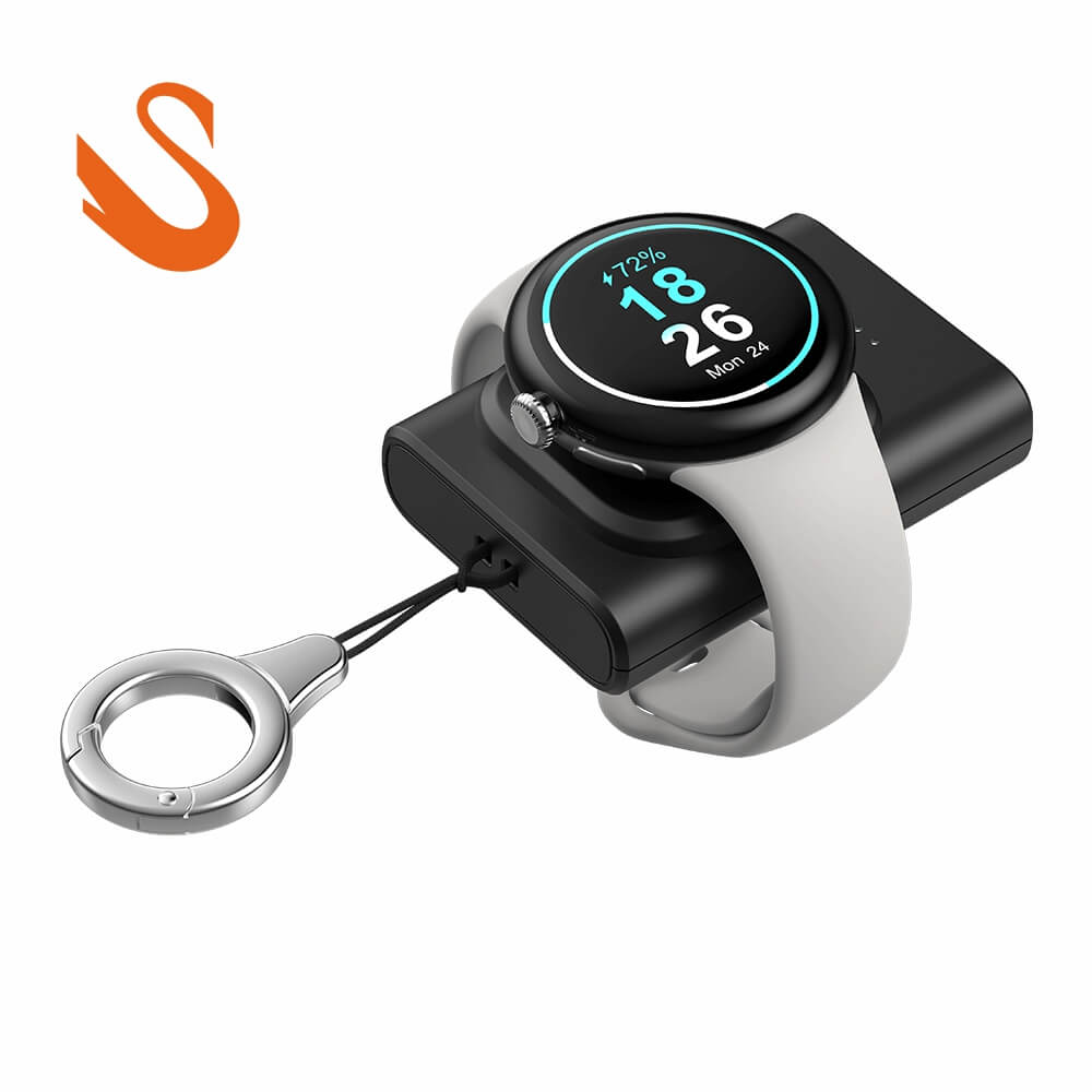 SwanScout C04G2 portable power bank charging a Google Pixel Watch 3, featuring magnetic auto-alignment for a stable connection.