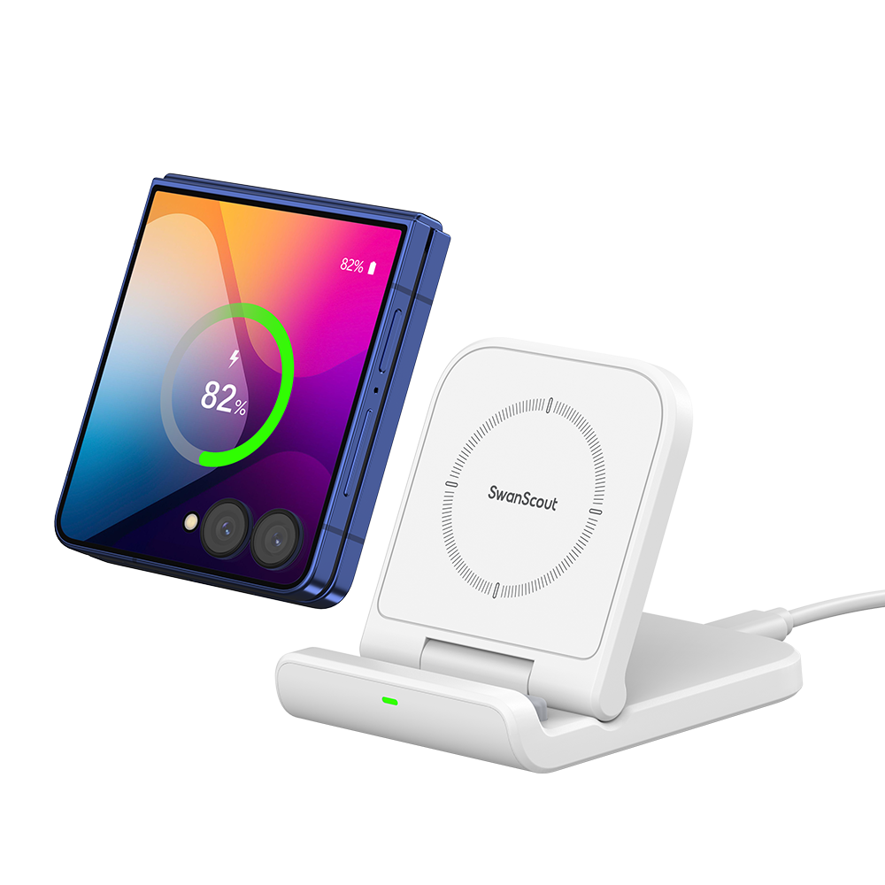 swanscout 501s white wireless charger for samsung foldable phone with phone floating above