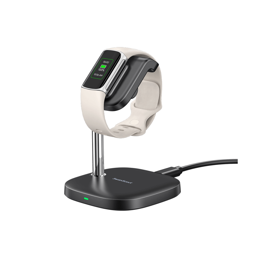 SwanScout 505FC vertical charging stand for Fitbit Charge 6 and Charge 5, providing a stable and organized dock for daily use.