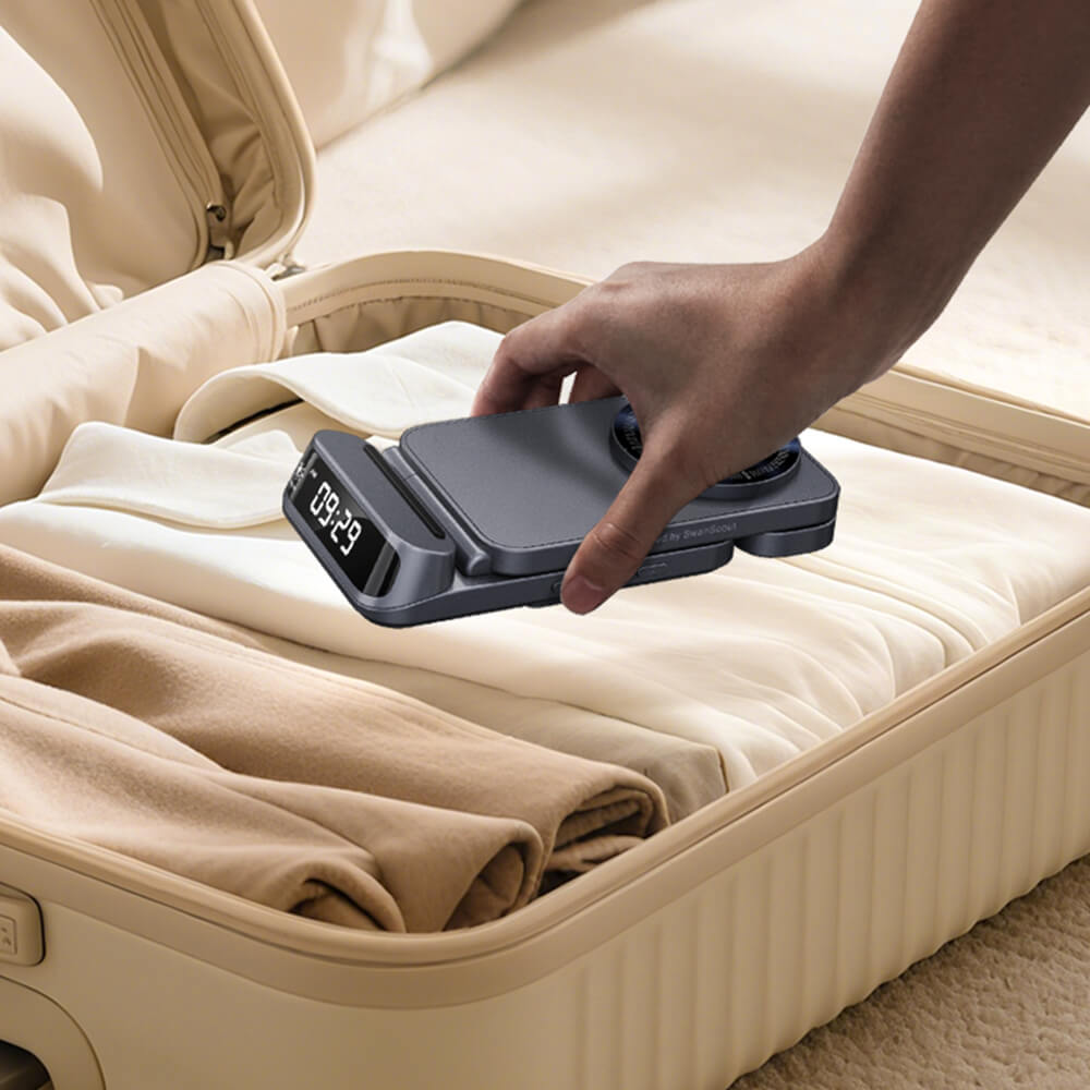 Folded SwanScout 708SM stored compactly in a travel bag for on-the-go charging