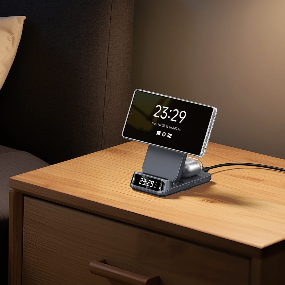 SwanScout 708SM placed on nightstand for convenient bedside charging of Samsung devices