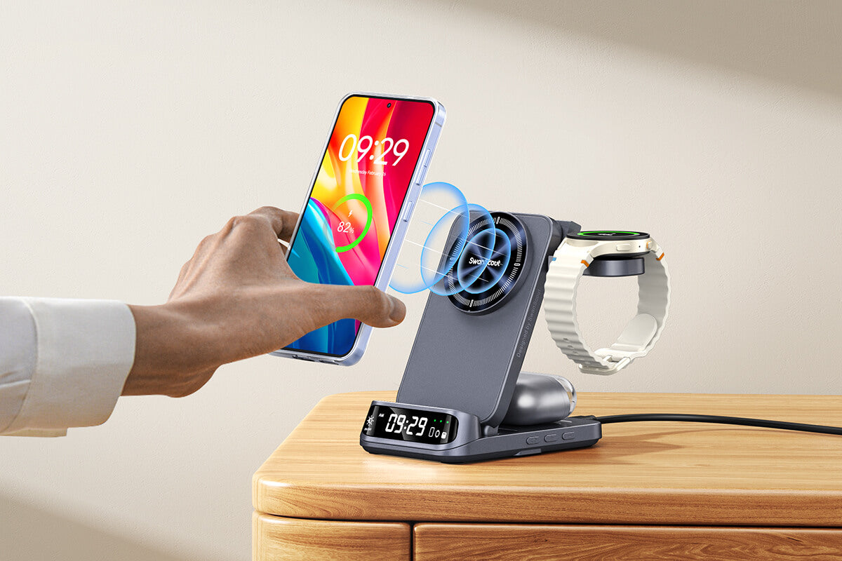 Strong magnetic alignment of SwanScout 708SM holding Samsung phone securely while charging