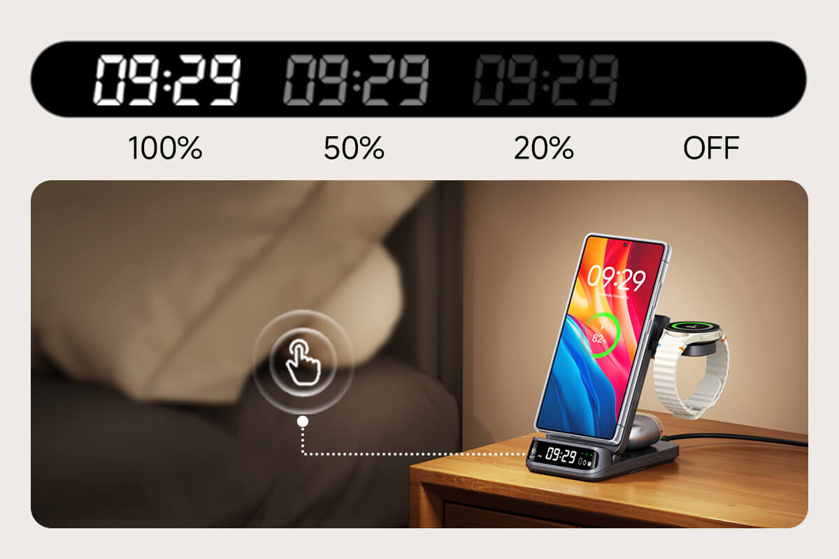 Four-level brightness adjustment of the clock display via touch button on SwanScout 708SM