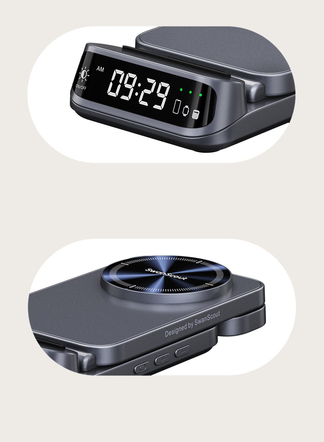 SwanScout 708SM LED clock with touch brightness control, finished with metallic paint and UV optical texture.