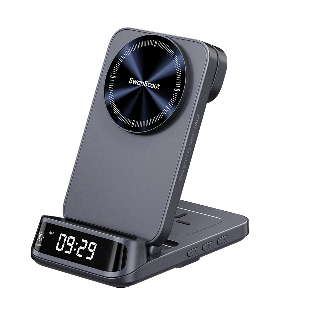 Side profile of SwanScout 708SM in semi-folded position showing sleek, compact design