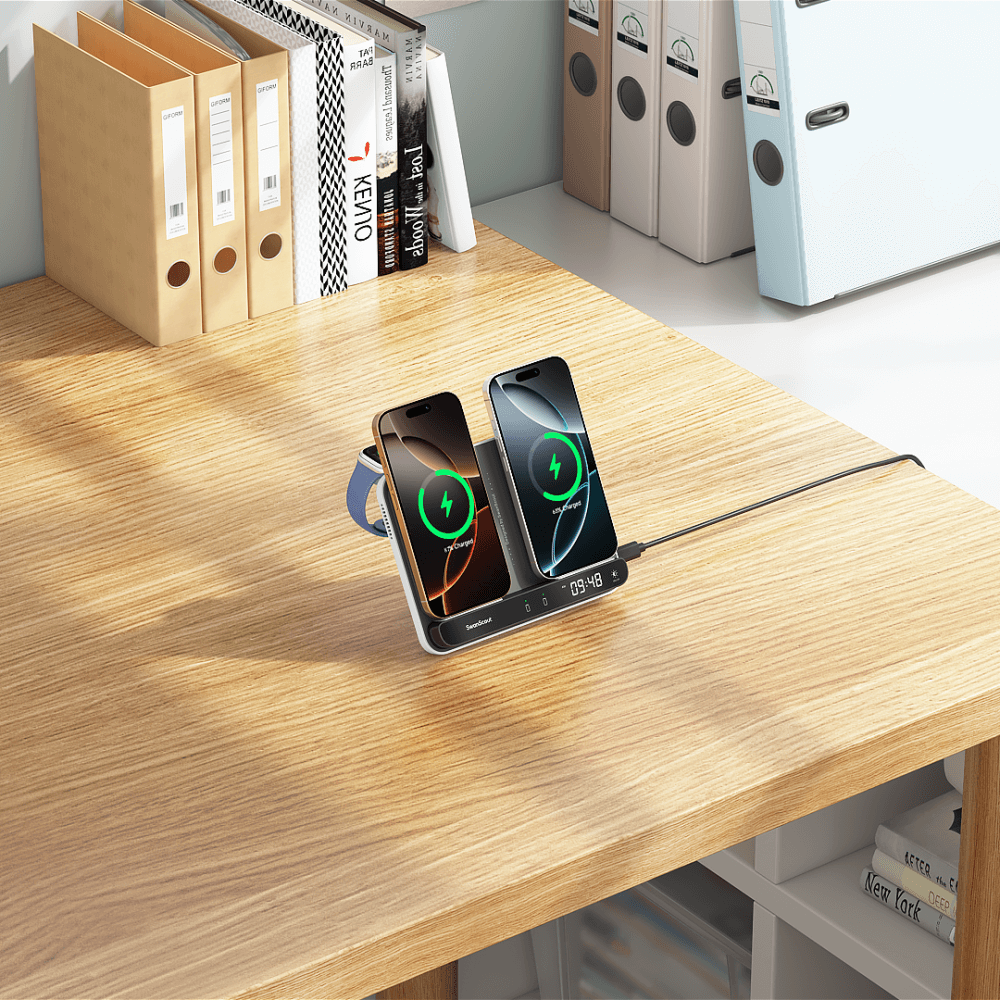 An Apple phone and watch charger offers a compact and efficient way to charge both devices simultaneously.