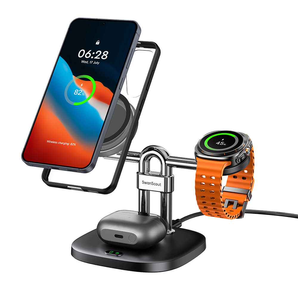 SwanScout 712SM – Estação de carregamento sem fio magnética 3 em 1 para Samsung