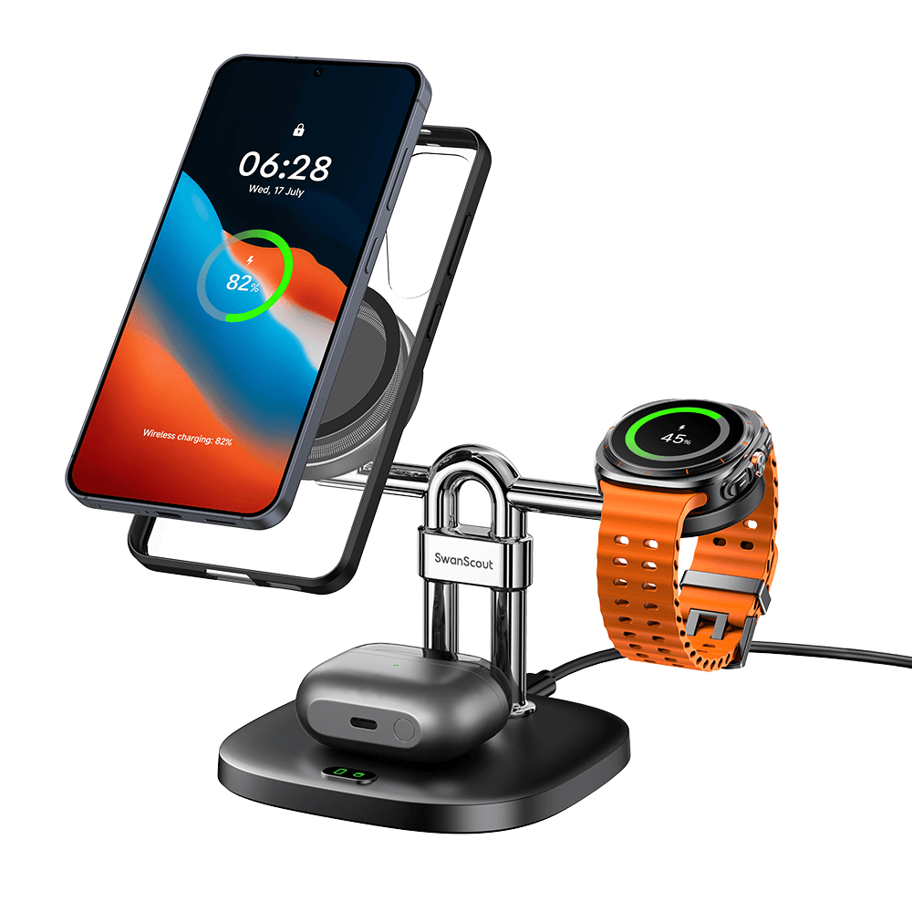 SwanScout 712SM - 3-в-1 магнитна безжична зарядна станция за Samsung
