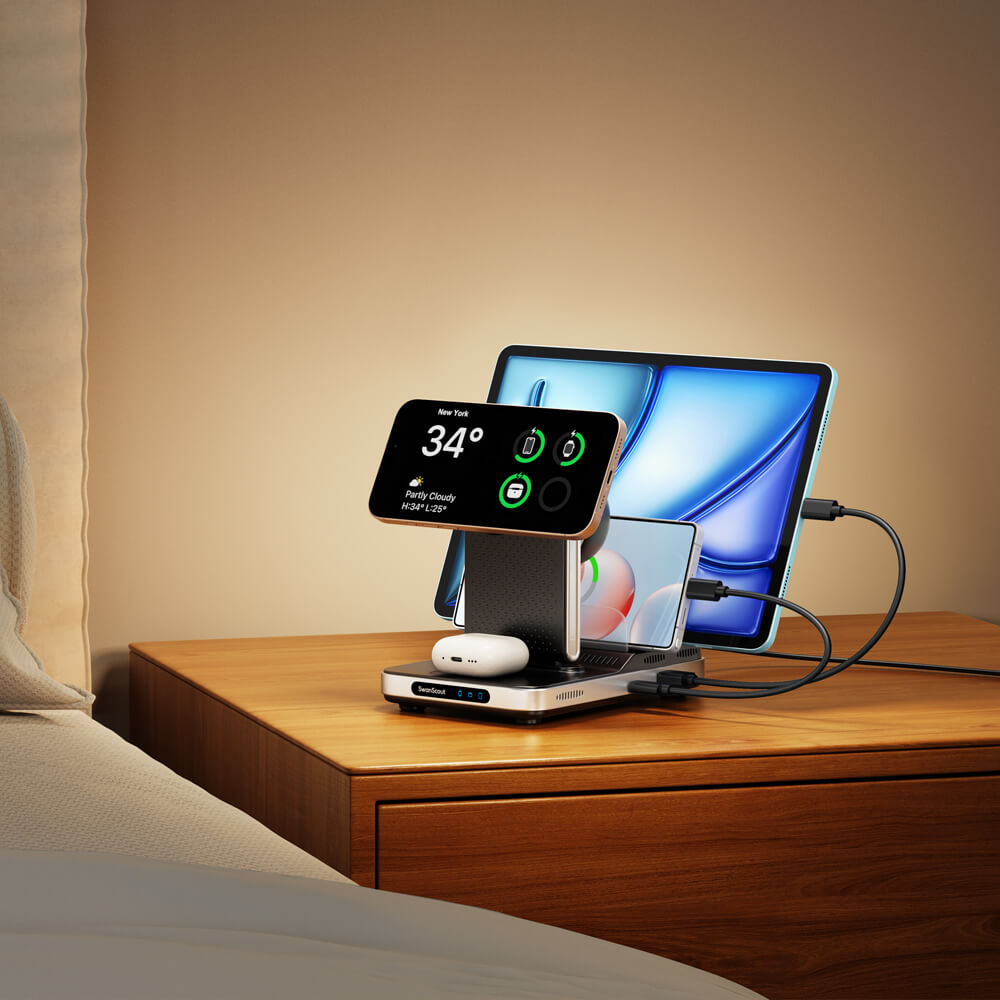The SwanScout 901M is a true all in one charger iPhone Watch and AirPods, replacing five devices with one elegant wireless dock.