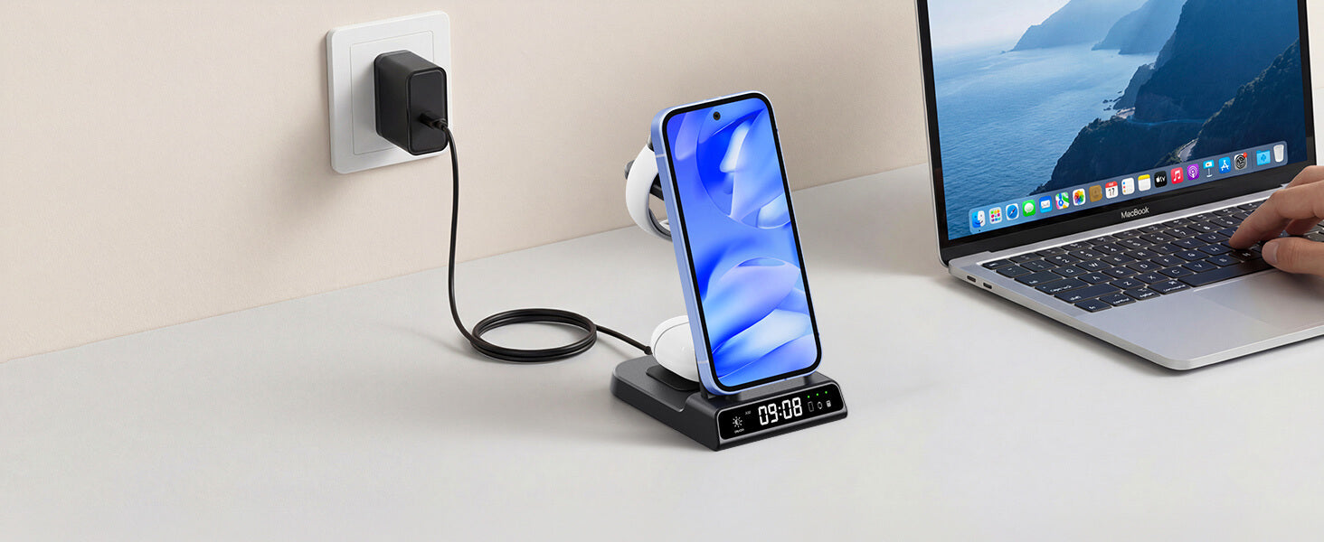 Elegant combination of a wireless charger and digital clock for a refined desktop look