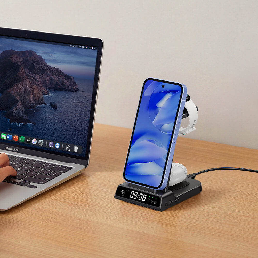 Charge three devices simultaneously while keeping your desk clean and organized for work