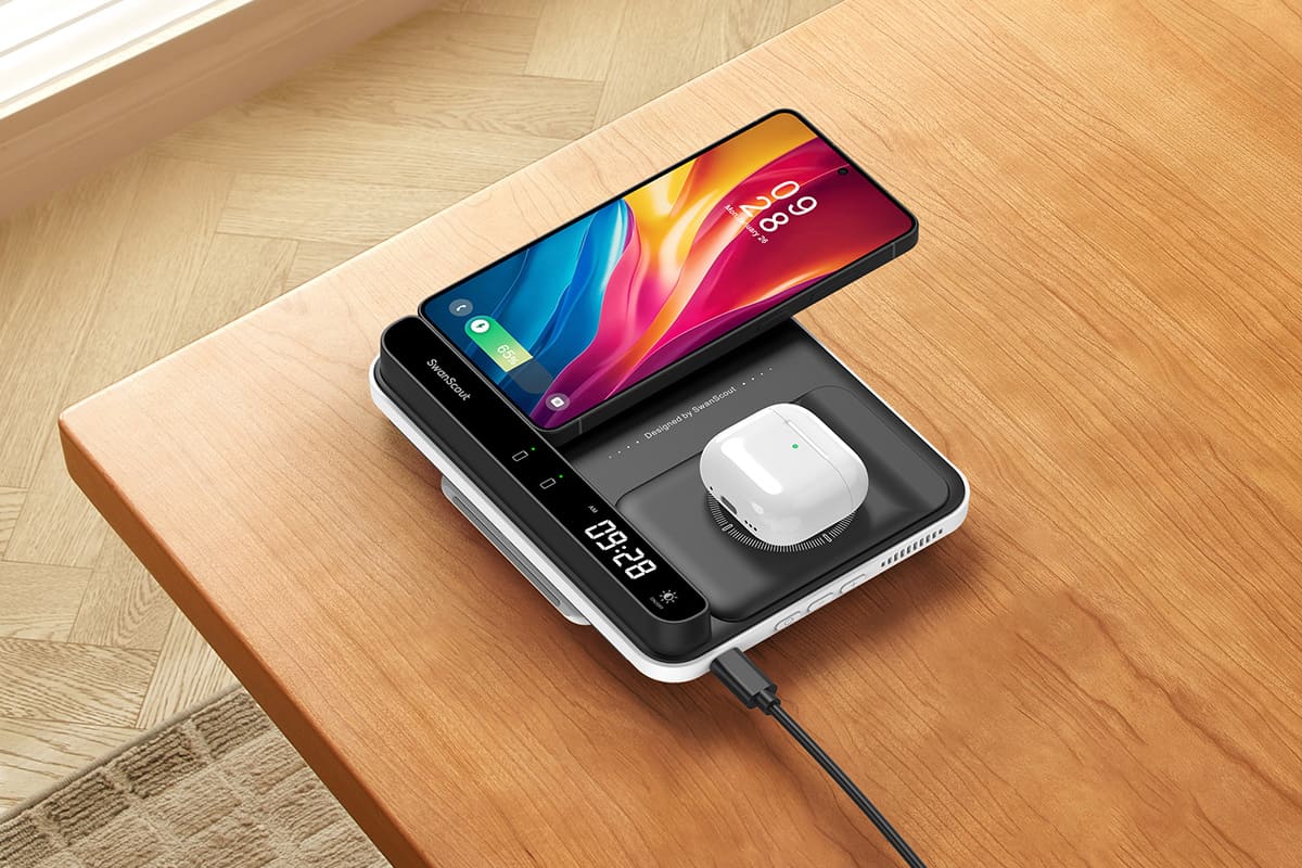 Flat wireless charging station for phone and earbuds laid flat on a desk SwanScout 504