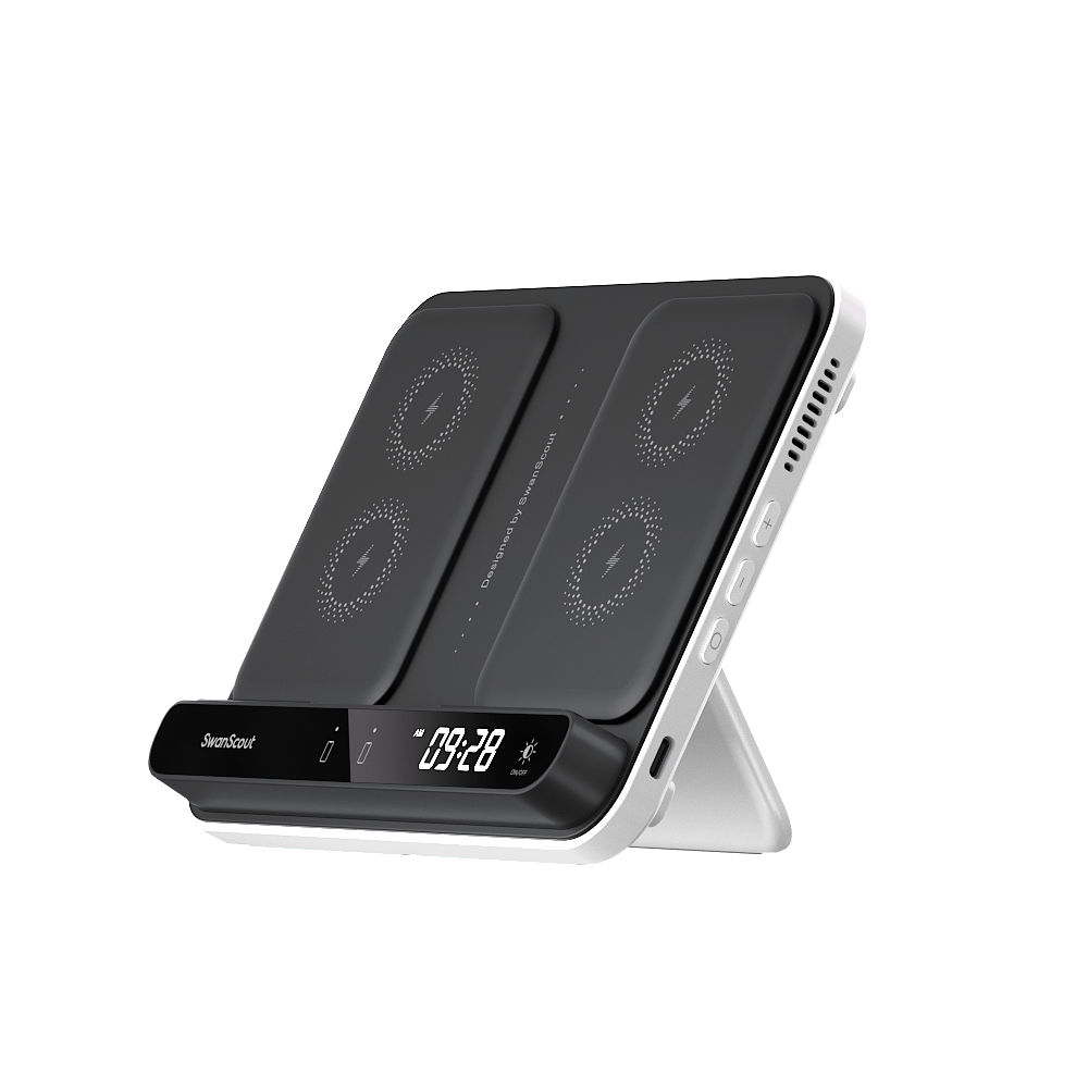 Front-right angled view of SwanScout 504F, a foldable and portable charging solution perfect for Google Pixel 10 Pro Fold and Z Fold series