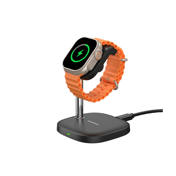 SwanScout 505A charging stand for Apple Watch Series 10, sleek black design with fast charging capability for Apple smartwatch.