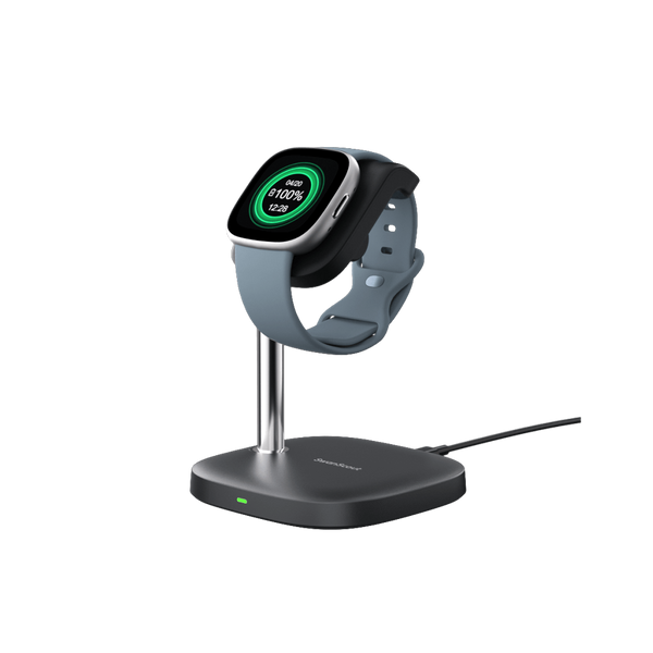SwanScout 505FB charging stand for Fitbit Sense 2 and Versa 4 smartwatch, black plastic dock with charging port