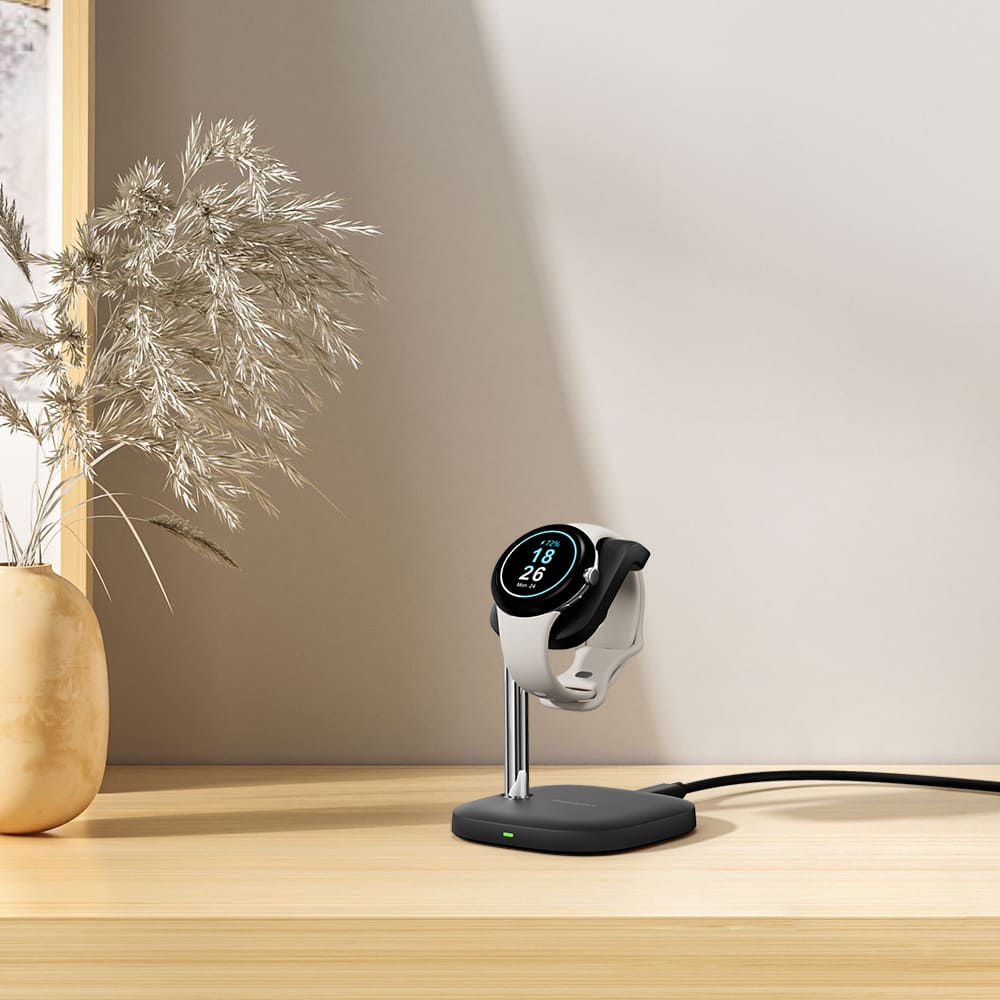Pixel Watch 2 and 3 charging stand on a living room cabinet for convenient home charging SwanScout 505G2