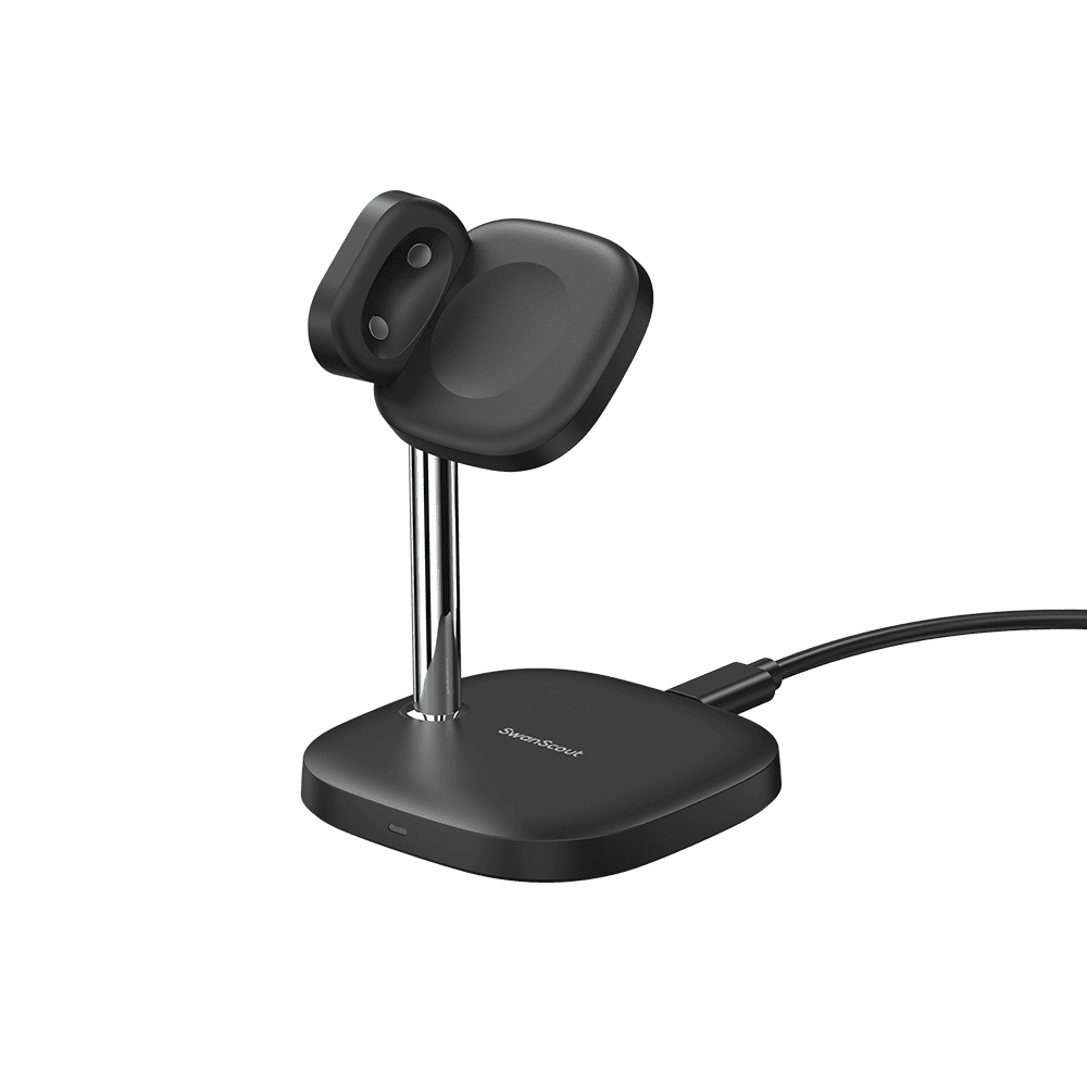 SwanScout 505G4 Pixel Watch 4 wireless charging stand shown from the front, designed for fast charging of smartwatch.