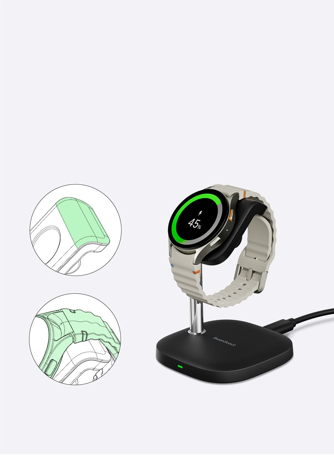 Watch band support keeps Galaxy Watch securely positioned for stable charging on the SwanScout 505S