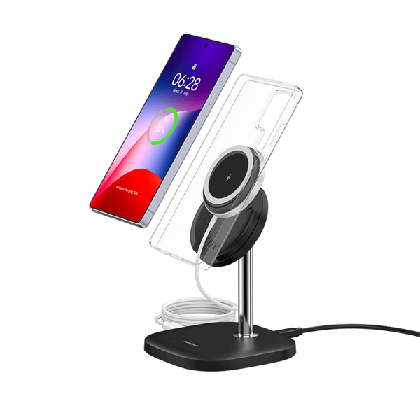 SwanScout 506SM magnetic wireless charger stand powering a Samsung Galaxy S25 Ultra with a secure magnetic phone case