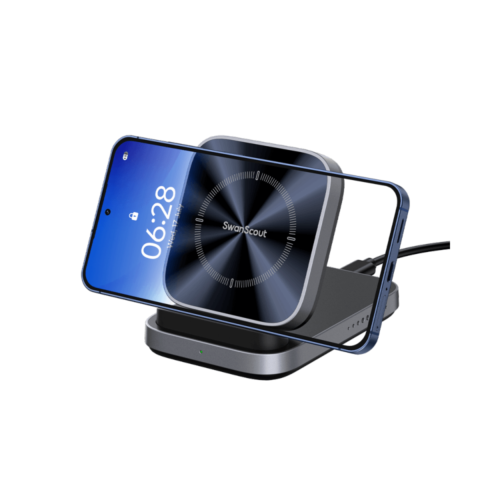 SwanScout 508 wireless charger stand powering an iPhone 17 Air in landscape mode, delivering up to 15W fast charging
