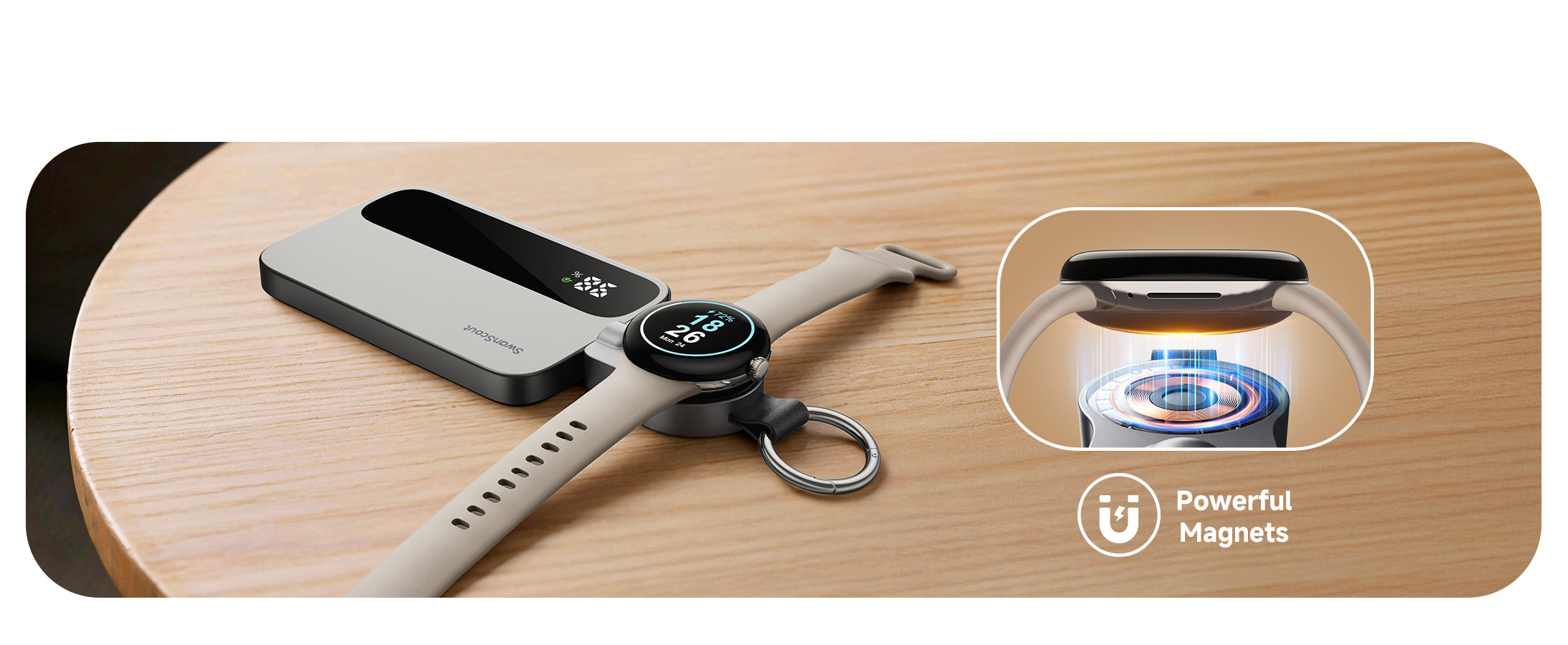 Magnetic alignment for secure charging of Google Pixel Watch and Fitbit SwanScout 510G2