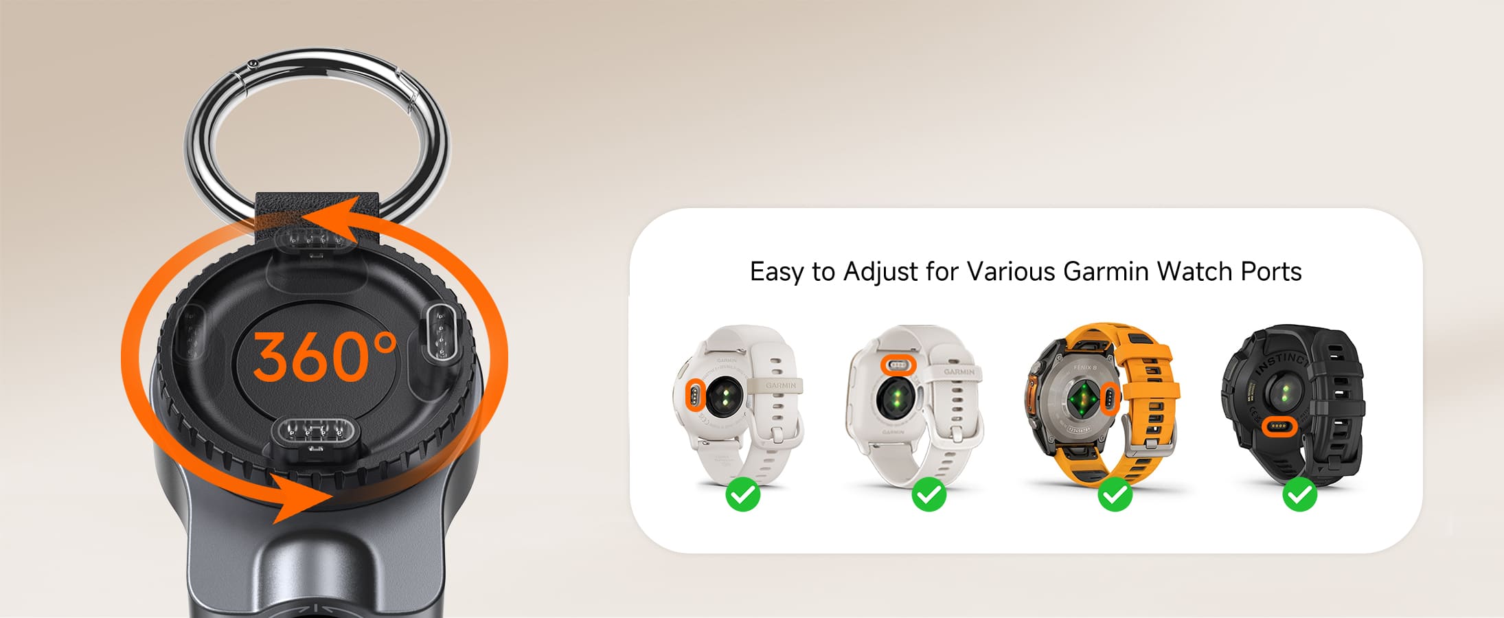 Rotatable charging head designed for Garmin watches allowing flexible angle adjustment to match different charging port positions using SwanScout 510GM portable charger