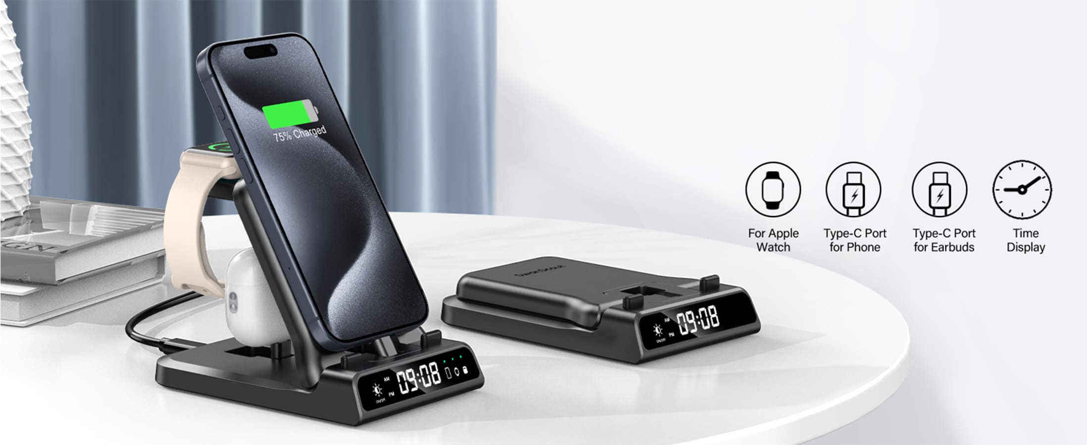 3-in-1 Apple charging station with clock and USB-C charging for iPhone Apple Watch and AirPods SwanScout 701AC