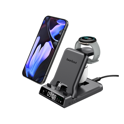 SwanScout 701G wired fast charger for Pixel Watch 1, 3 in 1 charging station with digital clock, wired USB C charging for Pixel phones and Pixel Buds