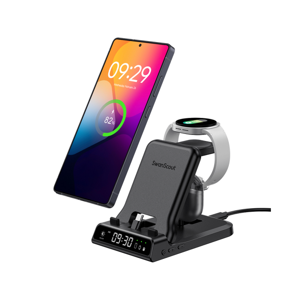 Experience seamless charging with SwanScout 701S, a powerful 3-in-1 station that fast charges your Samsung phone, watch, and earbuds simultaneously with a built-in digital clock