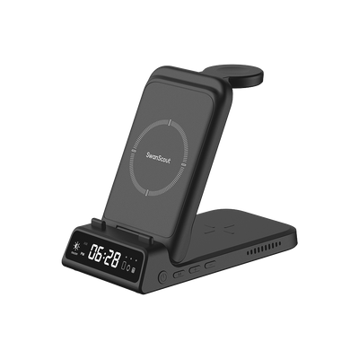 Front view of SwanScout 703A wireless charger highlighting the integrated digital clock with adjustable brightness settings for comfortable nighttime use