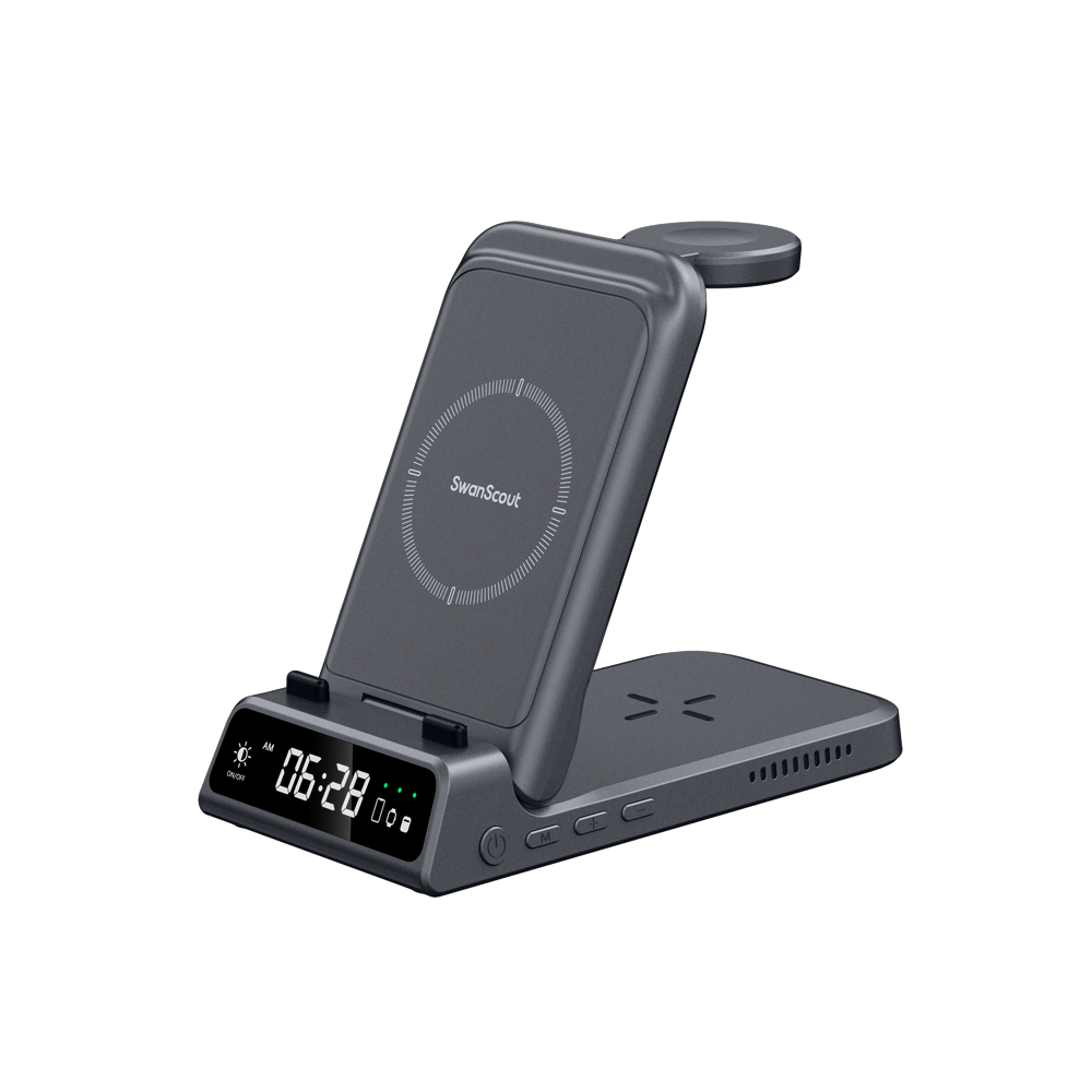 SwanScout 703A in gray finish, featuring a three-in-one wireless charging layout and a digital clock display for a modern aesthetic