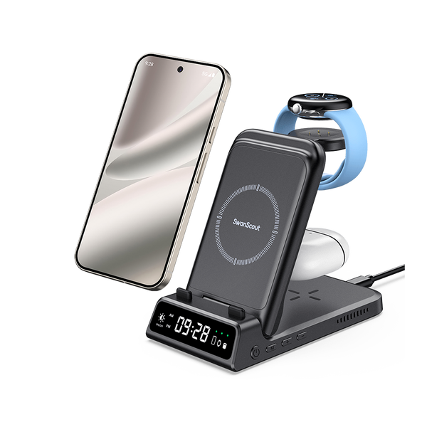 SwanScout 703G2 wireless charging station for Google ecosystem, simultaneously charging Pixel 9 Pro, Pixel Watch 2 or 3, and Pixel Buds Pro 2