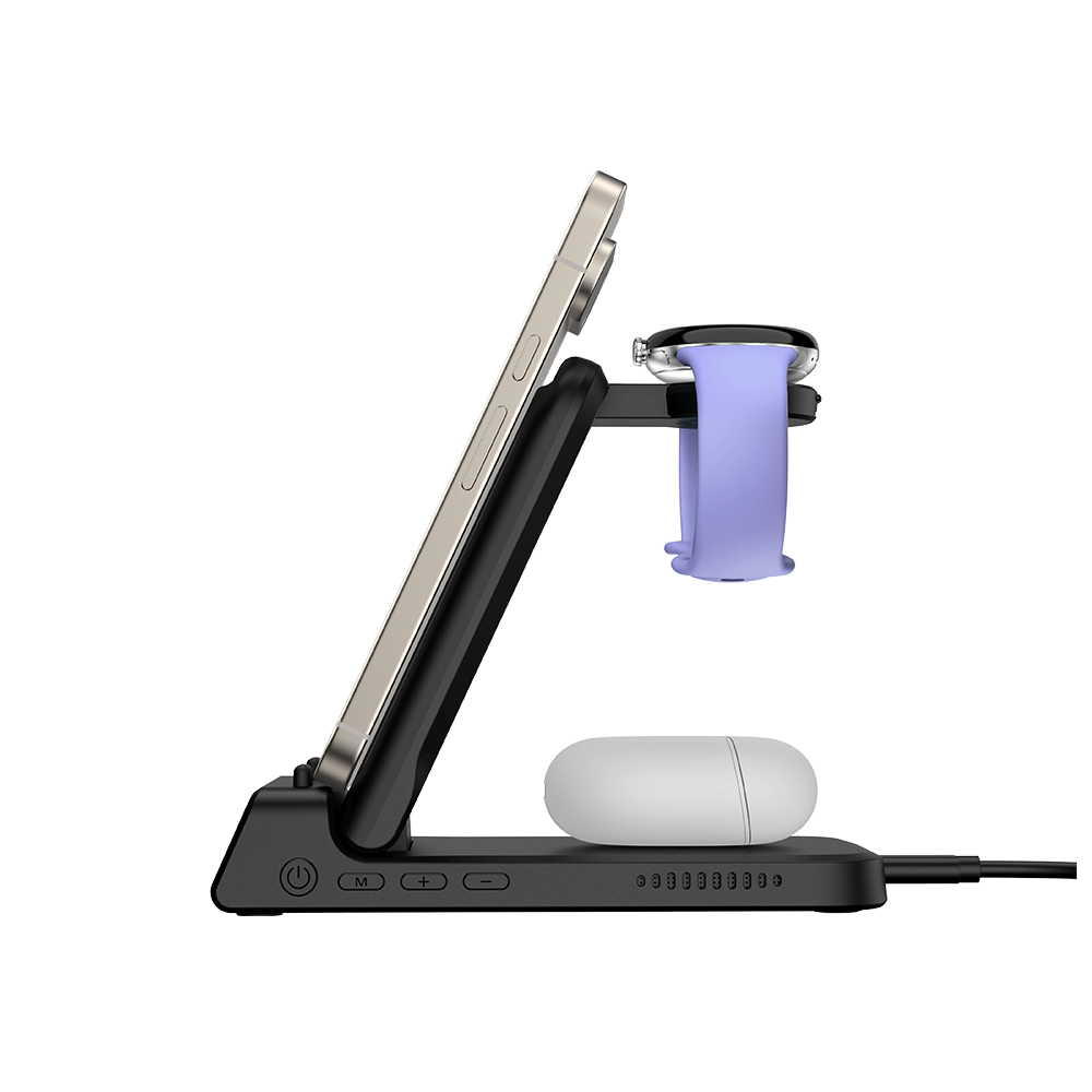 Side view of SwanScout 703G2 showing the foldable stand profile, specifically designed for Pixel Watch 2 and 3 (not compatible with Pixel Watch 1)