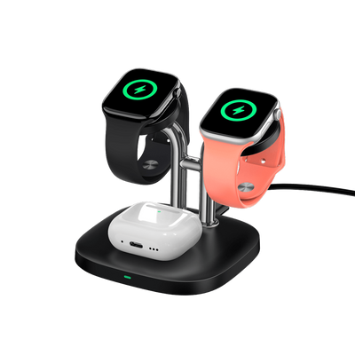SwanScout 704A Dual Watch Wireless Charger for Apple, black 3-in-1 charging station with two Apple Watch slots and wireless charging pad