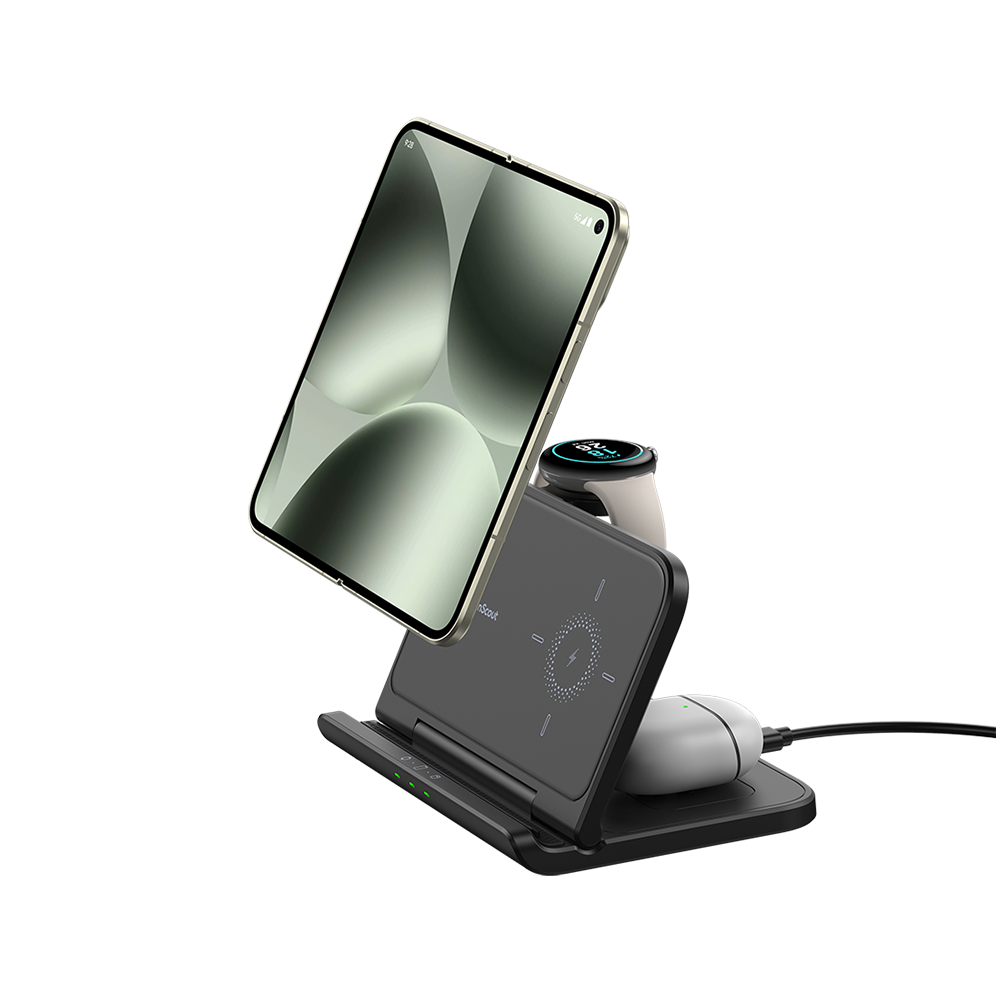 SwanScout 705G supporting a foldable phone in an open position, ideal for video calls and multitasking while charging