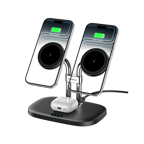 SwanScout 706M magnetic dual phone charging station for Apple iPhone 16, wireless charger with magnetic mount.