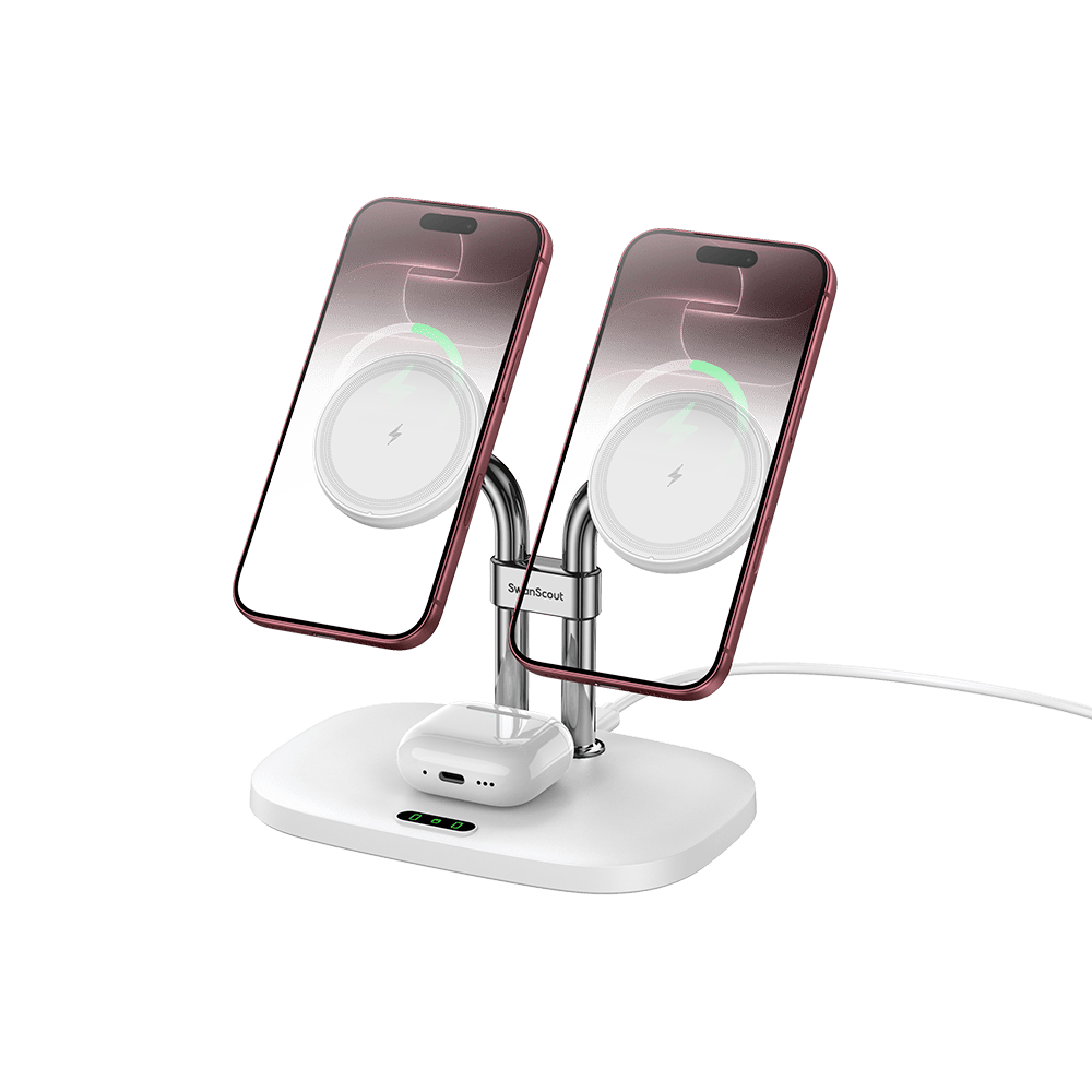 White MagSafe compatible charging station for two iPhones and AirPods SwanScout 706M