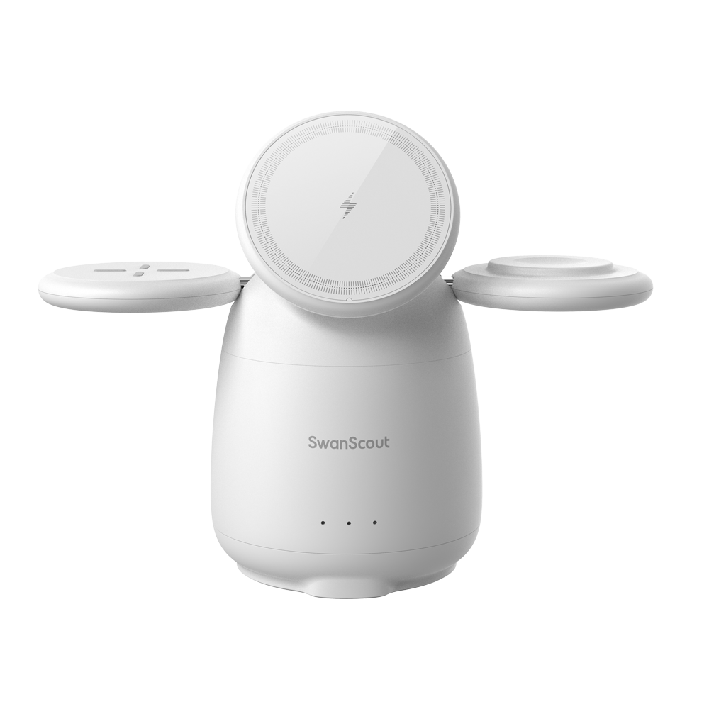 Front view of the white SwanScout 707M highlighting its clean glossy white design, side protrusions, and dedicated zones for iWatch and AirPods