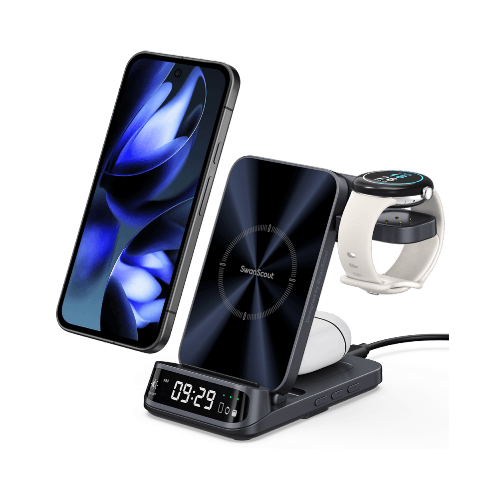 SwanScout 708G2 3-in-1 charging station powering a Google Pixel 9 Pro, Pixel Watch 3, and Pixel Buds Pro 2 with a curved LED clock