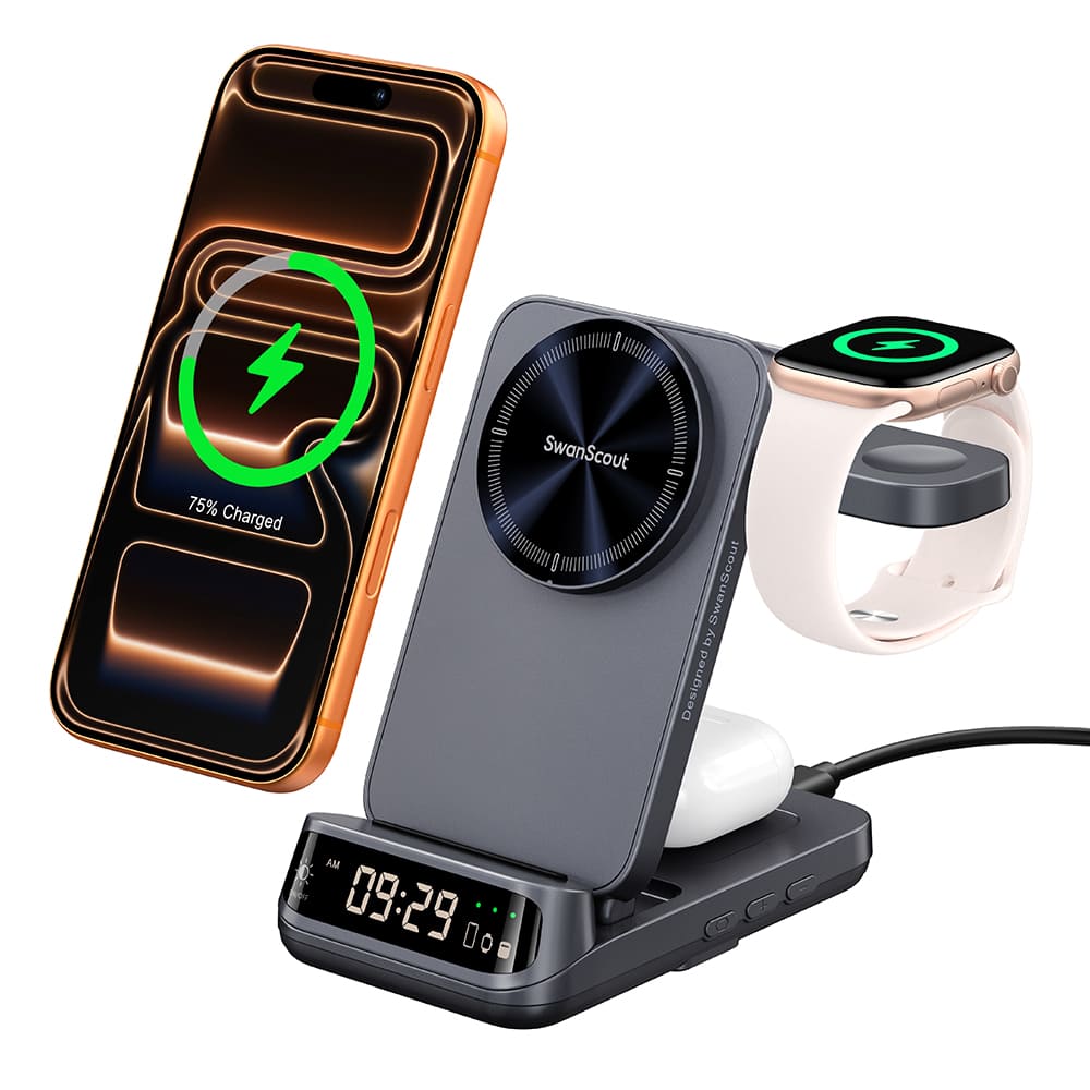 SwanScout 708M-25W - شاحن لاسلكي مغناطيسي سريع 3 في 1 بقوة 25 واط لأجهزة آبل