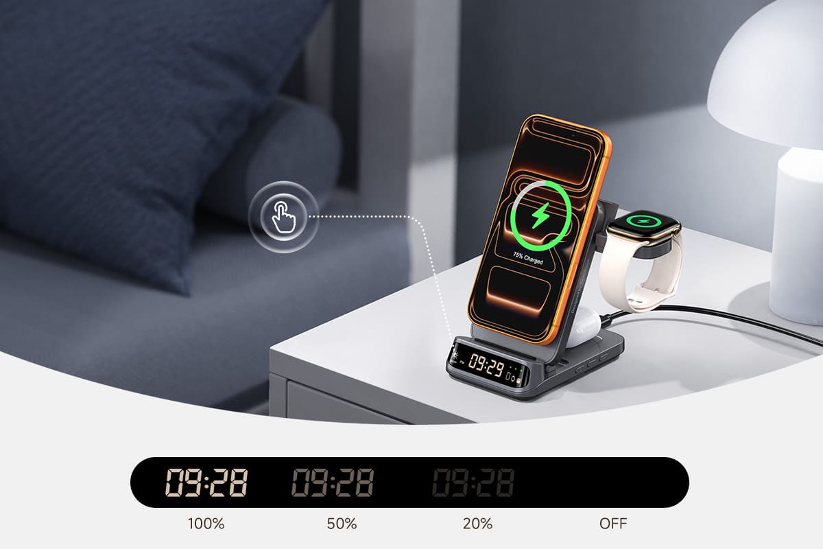 SwanScout 708M wireless charging station touch dimmer clock 4 brightness levels charging indicator for phone watch and earbuds
