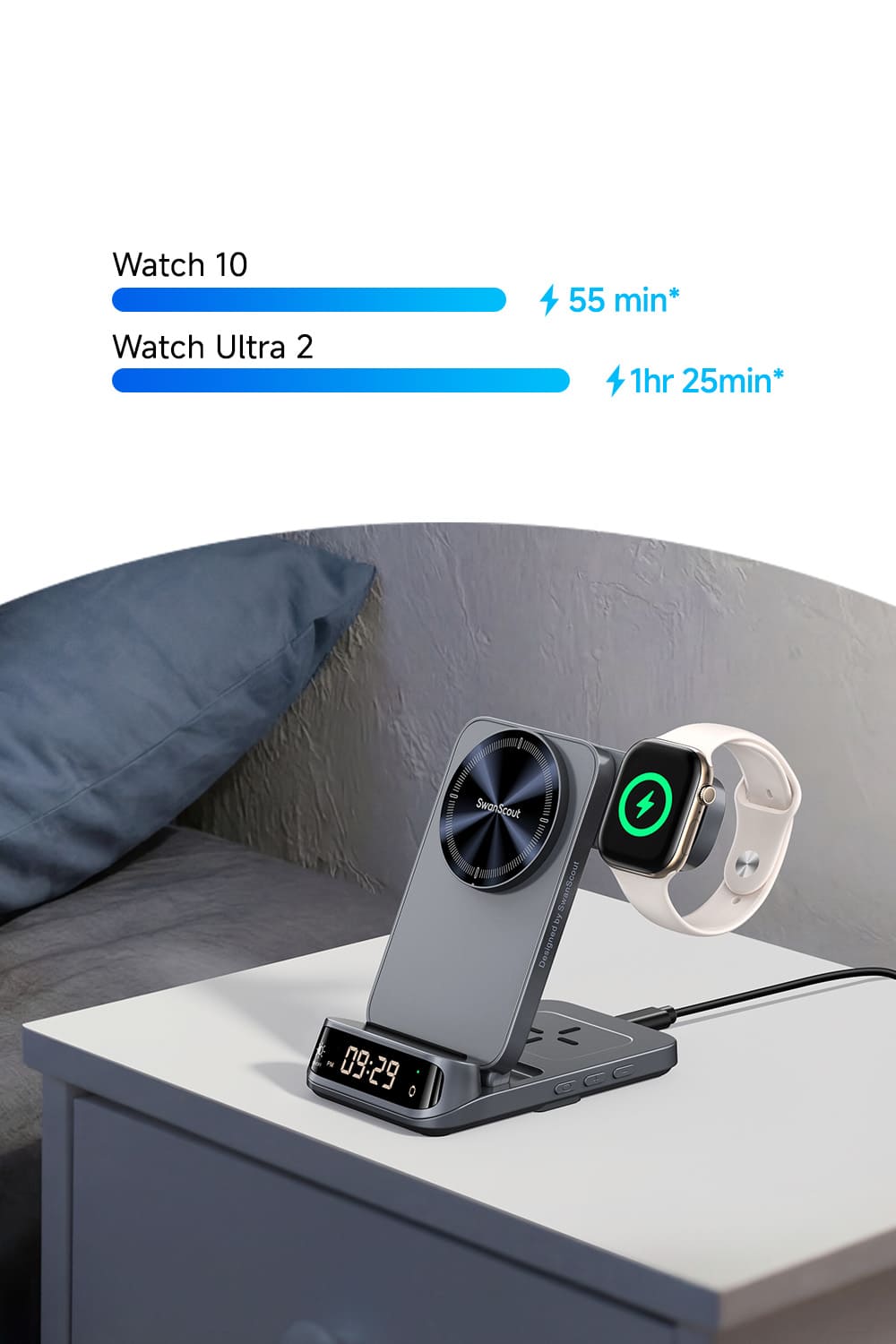 SwanScout 708M wireless charging station Apple Watch fast charging Series 10 80 percent in 55 minutes Ultra 2 80 percent in 85 minutes
